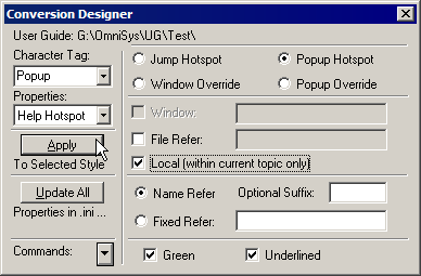 Conversion Designer\: assign WinHelp attributes Green and Underlined. Defining a character format for popup hotspots