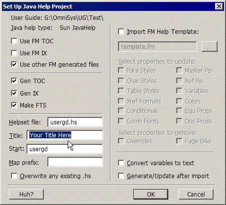 Set Up Java Help Project dialog