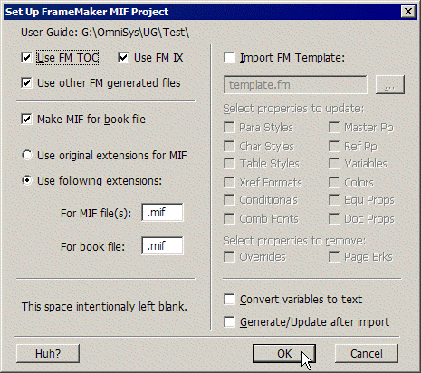 Set Up FrameMaker MIF Project dialog